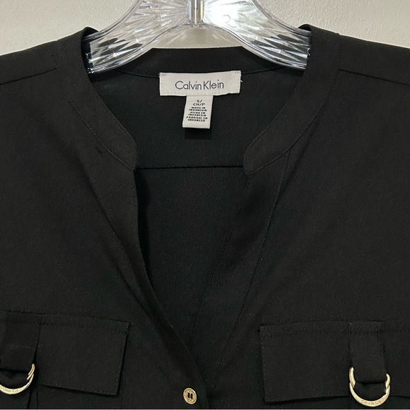 Calvin Klein Black Roll-Tab Sleeve Blouse Gold Hardware Utility Top Women's - Picture 3 of 6